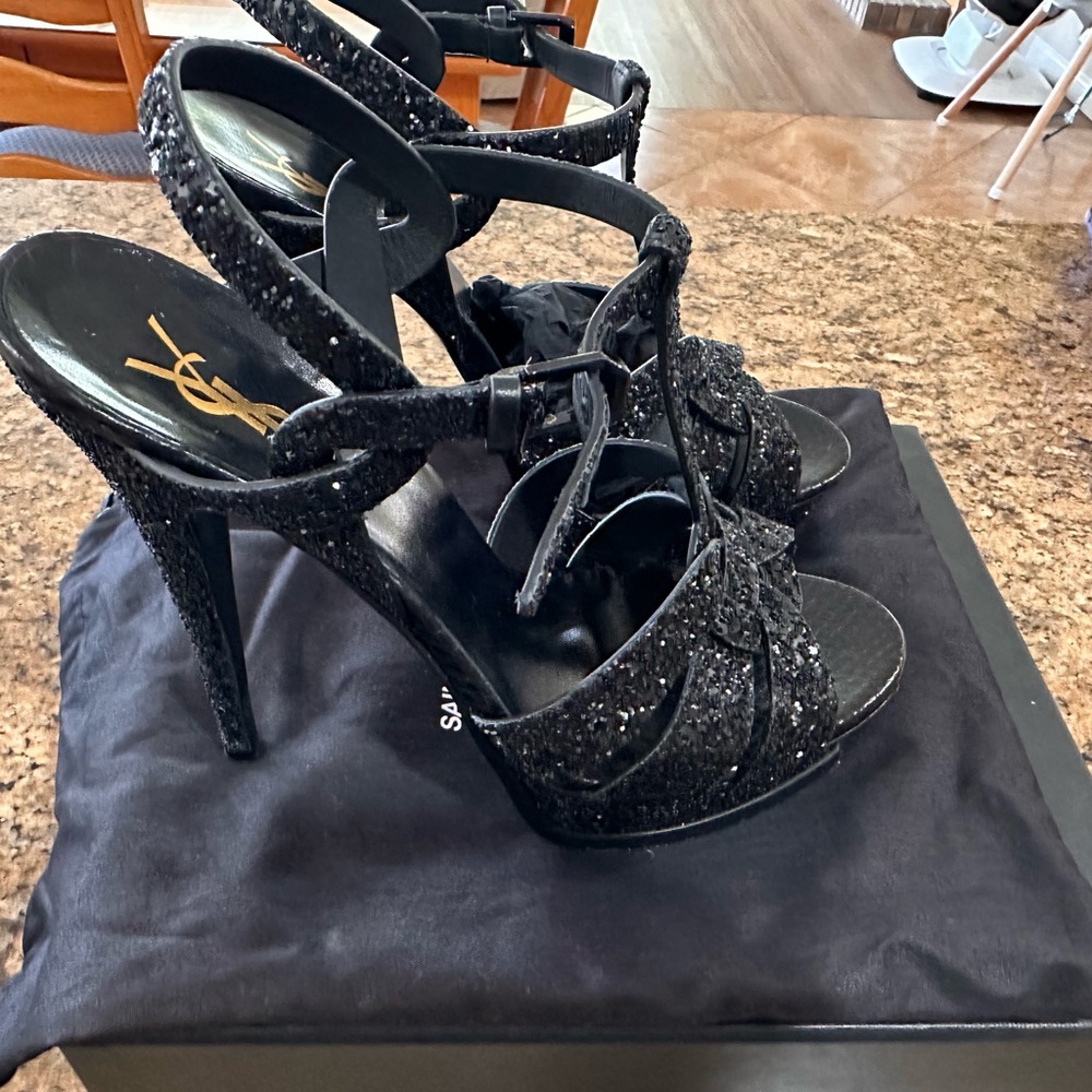 Saint Laurent Tribute Women's Black Glitter Python Sandals